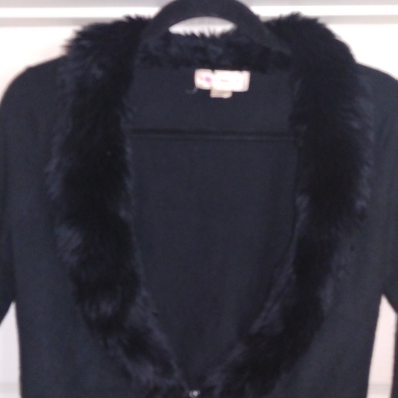 One Step Up Women's Black Fur Open Cardigan Size Medium ribbon tie - Picture 2 of 7